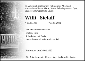 Traueranzeige von Willi Sielaff von Märkische Oderzeitung