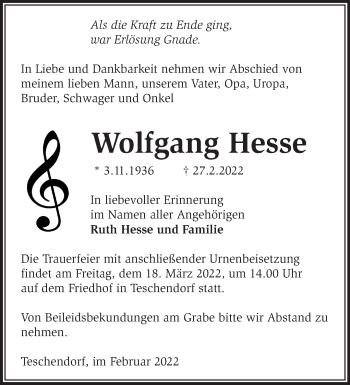 Traueranzeige von Wolfgang Hesse von Märkische Oderzeitung