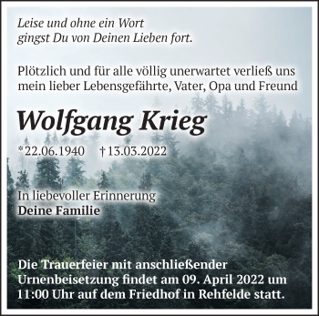 Traueranzeige von Wolfgang Krieg von Märkische Oderzeitung