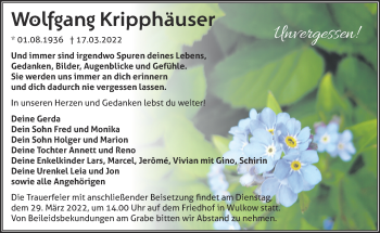 Traueranzeige von Wolfgang Kripphäuser von Märkische Oderzeitung