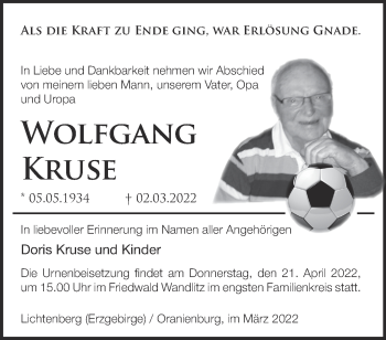 Traueranzeige von Wolfgang Kruse von Märkische Oderzeitung