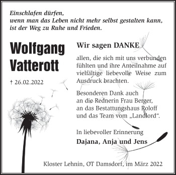 Traueranzeige von Wolfgang Vatterott von Märkische Oderzeitung