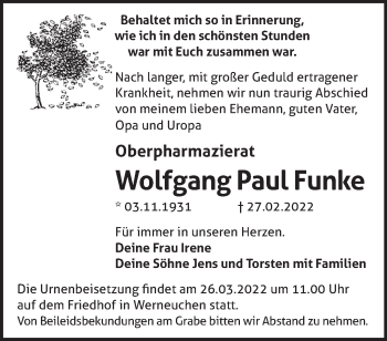 Traueranzeige von Wolfgang Paul Funke von Märkische Oderzeitung