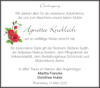 Traueranzeige von Agnitta Knobloch von Märkische Oderzeitung