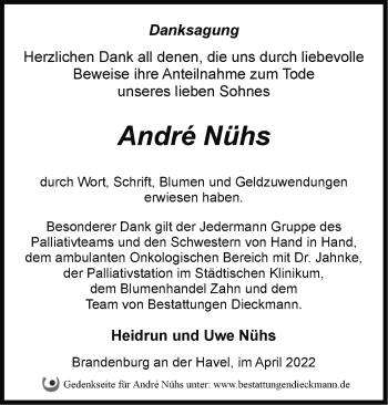 Traueranzeige von Andre Nühs von Märkische Oderzeitung