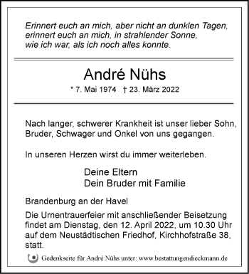 Traueranzeige von André Nühs von Märkische Oderzeitung