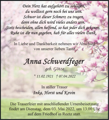 Traueranzeige von Anna Schwerdfeger von Märkische Oderzeitung