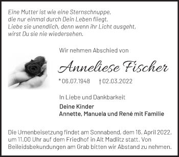 Traueranzeige von Anneliese Fischer von Märkische Oderzeitung
