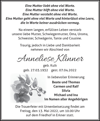 Traueranzeige von Anneliese Klinner von Märkische Oderzeitung