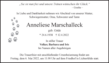 Traueranzeige von Anneliese Marschalleck von Märkische Oderzeitung