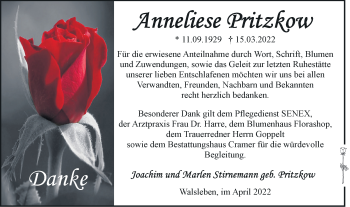 Traueranzeige von Anneliese Pritzkow von Märkische Oderzeitung