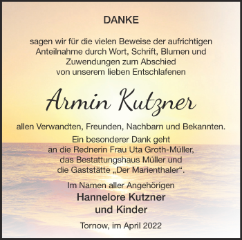 Traueranzeige von Armin Kutzner von Märkische Oderzeitung