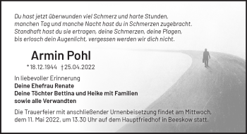 Traueranzeige von Armin Pohl von Märkische Oderzeitung