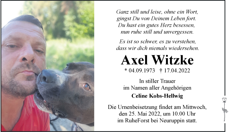  Traueranzeige für Axel Witzke vom 23.04.2022 aus Märkische Oderzeitung