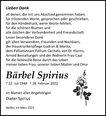 Traueranzeige von Bärbel Spirius von Märkische Oderzeitung