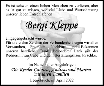 Traueranzeige von Bergi Kleppe von Märkische Oderzeitung