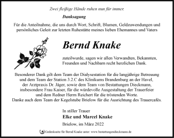 Traueranzeige von Bernd Knake von Märkische Oderzeitung