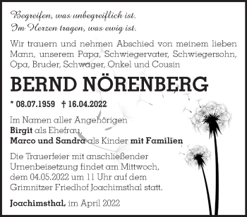 Traueranzeige von Bernd Nörenberg von Märkische Oderzeitung