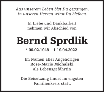 Traueranzeige von Bernd Sprdlik von Märkische Oderzeitung