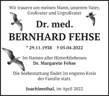 Traueranzeige von Bernhard Fehse von Märkische Oderzeitung