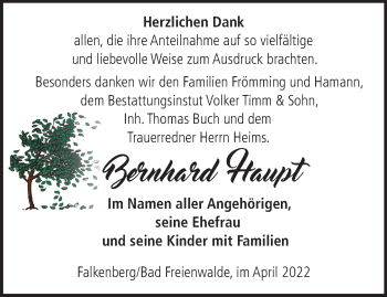 Traueranzeige von Bernhard Haupt von Märkische Oderzeitung