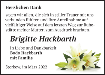 Traueranzeige von Brigitte Hackbarth von Märkische Oderzeitung