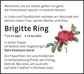 Traueranzeige von Brigitte Ring von Märkische Oderzeitung