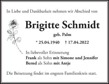 Traueranzeige von Brigitte Schmidt von Märkische Oderzeitung