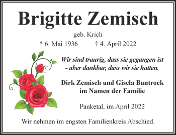 Traueranzeige von Brigitte Zemisch von Märkische Oderzeitung