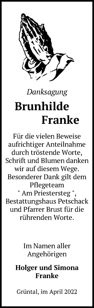 Traueranzeige von Brunhilde Franke von Märkische Oderzeitung