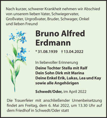 Traueranzeige von Bruno Alfred Erdmann von Märkische Oderzeitung