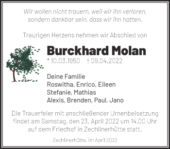 Traueranzeige von Burckhard Molan von Märkische Oderzeitung