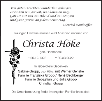 Traueranzeige von Christa Höke von Märkische Oderzeitung