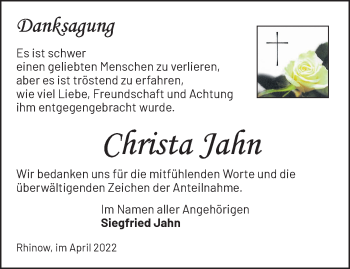 Traueranzeige von Christa Jahn von Märkische Oderzeitung