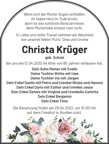 Traueranzeige von Christa Krüger von Märkische Oderzeitung