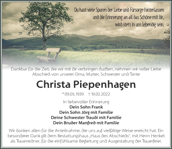 Traueranzeige von Christa Piepenhagen von Märkische Oderzeitung