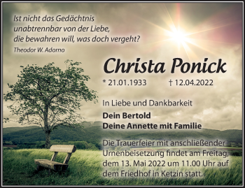 Traueranzeige von Christa Ponick von Märkische Oderzeitung