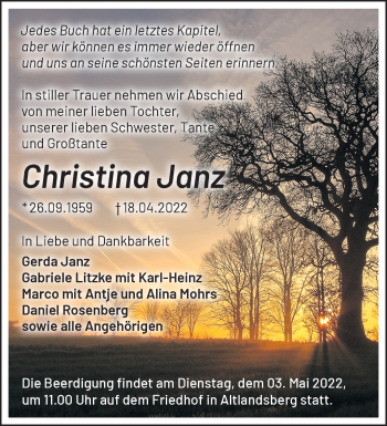 Traueranzeige von Christina Janz von Märkische Oderzeitung