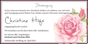 Traueranzeige von Christine Höfs von Märkische Oderzeitung