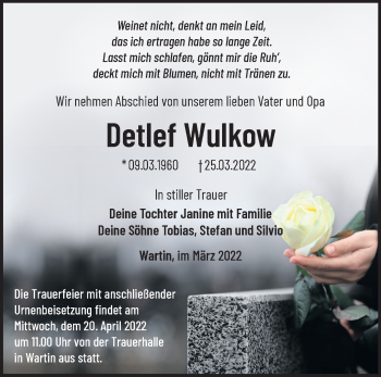 Traueranzeige von Detlef Wulkow von Märkische Oderzeitung