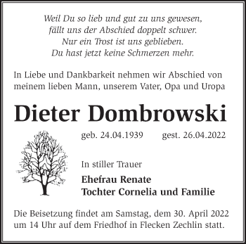 Traueranzeige von Dieter Dombrowski von Märkische Oderzeitung