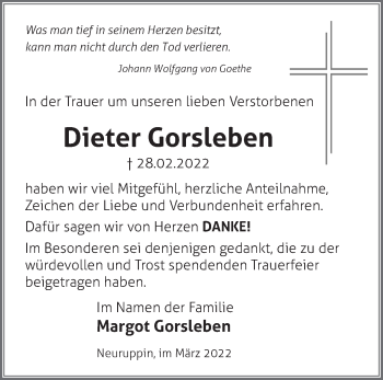Traueranzeige von Dieter Gorsleben von Märkische Oderzeitung