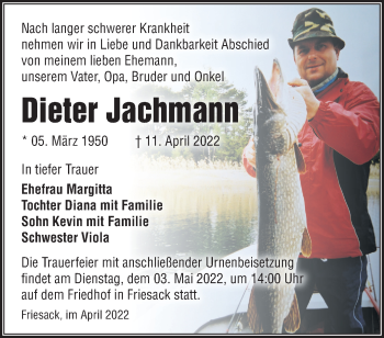 Traueranzeige von Dieter Jachmann von Märkische Oderzeitung