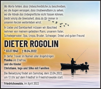 Traueranzeige von Dieter Rogolin von Märkische Oderzeitung