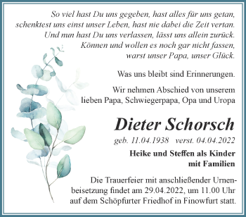 Traueranzeige von Dieter Schorsch von Märkische Oderzeitung