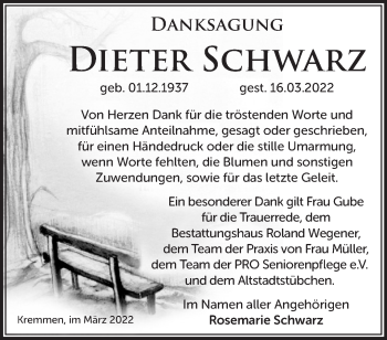 Traueranzeige von Dieter Schwarz von Märkische Oderzeitung