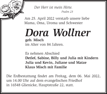 Traueranzeige von Dora Wollner von Märkische Oderzeitung