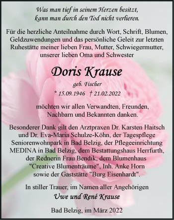 Traueranzeige von Doris Krause von Märkische Oderzeitung