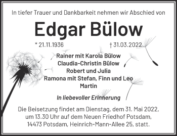 Traueranzeige von Edgar Bülow von Märkische Oderzeitung