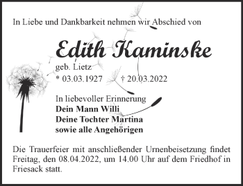 Traueranzeige von Edith Kaminske von Märkische Oderzeitung